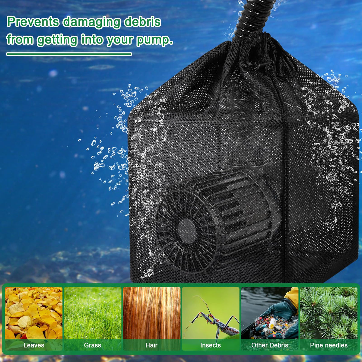 Hecaty outdoor filter bag works with ponds, waterfalls, and pools.