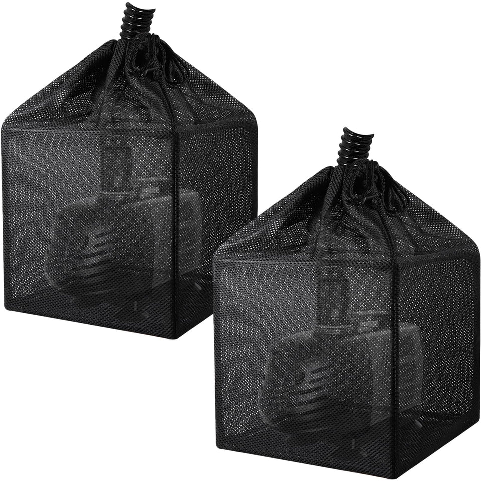Hecaty pond filter bag with frame inside blocks debris to protect the pump.