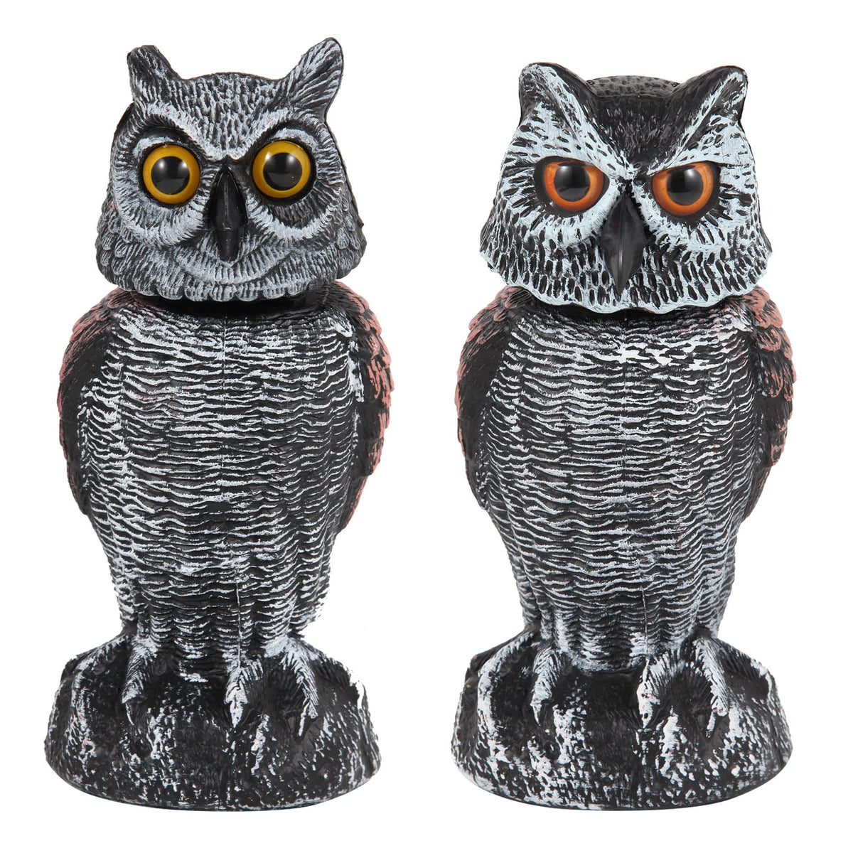 Hedoc 2-pack fake owl decoys with rotating head deter birds in gardens.