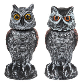 Hedoc 2-pack fake owl decoys with rotating head deter birds in gardens.