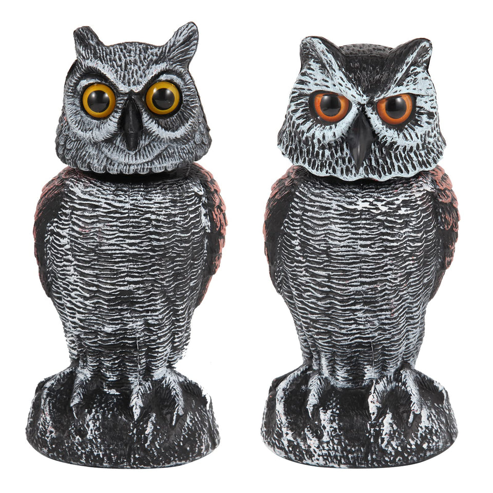 Hedoc 2-pack fake owl decoys with rotating head deter birds in gardens.