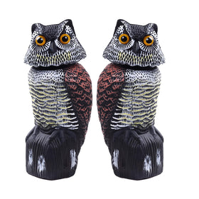 Hedoc 2-pack fake owl decoys with rotating heads deter garden birds.