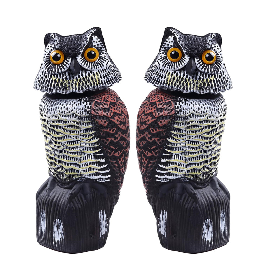 Hedoc 2-pack fake owl decoys with rotating heads deter garden birds.