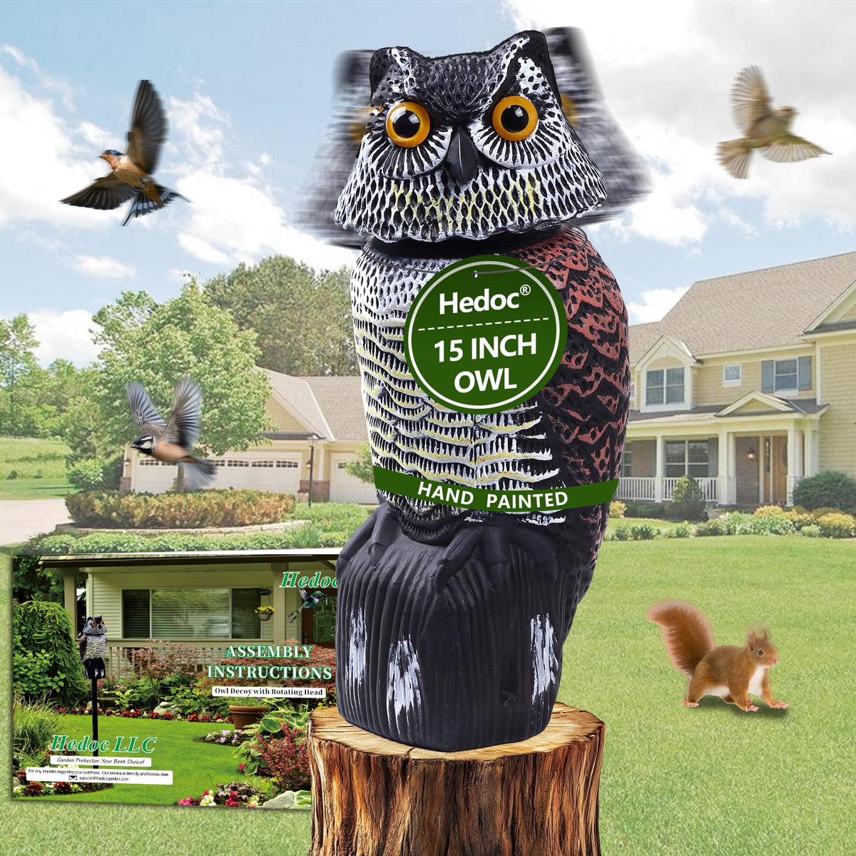 Hedoc owl deco with rotating head deters birds in the garden.