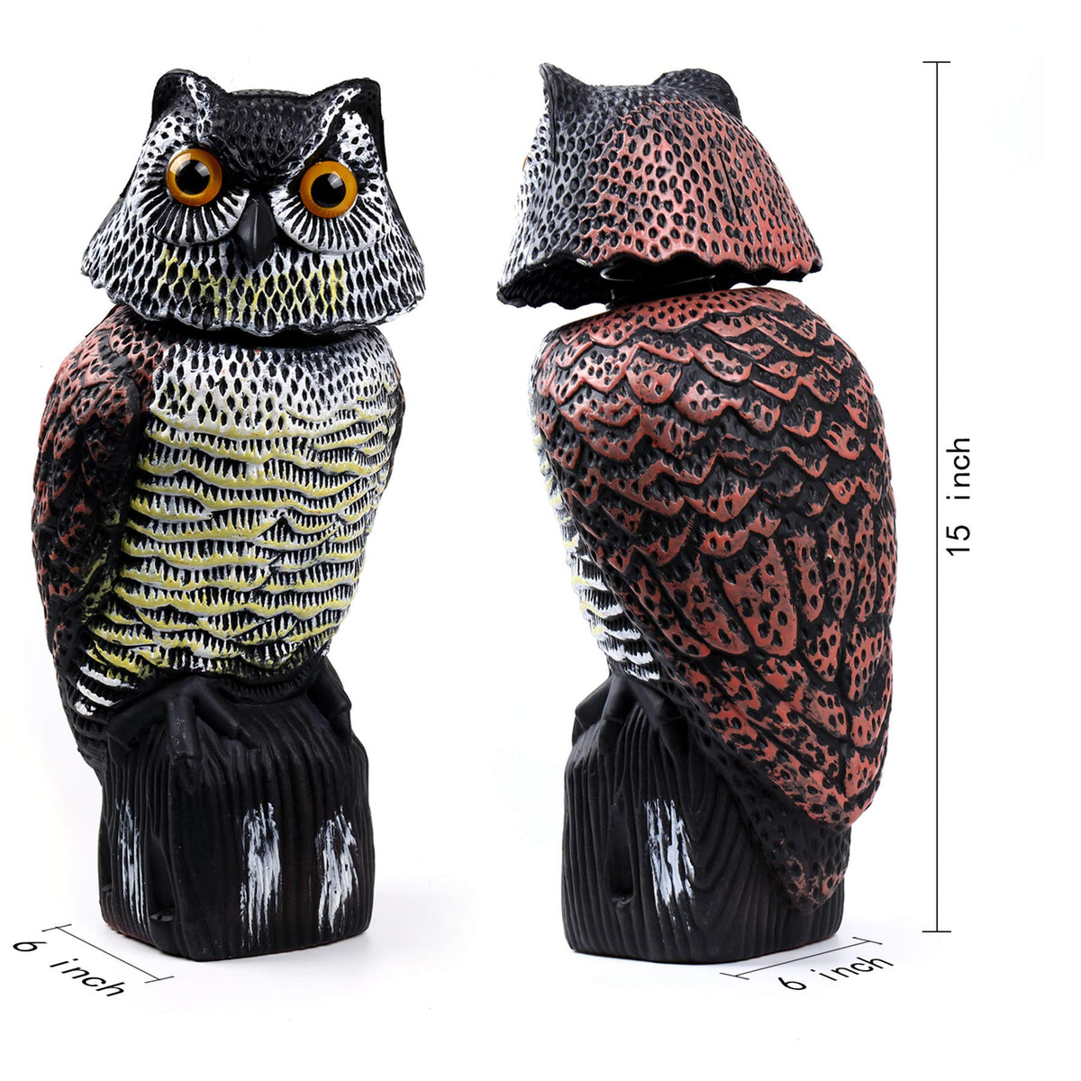 Hedoc owl decoy close-up shows vivid eyes for deterrence.