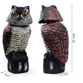 Hedoc owl decoy close-up shows vivid eyes for deterrence.