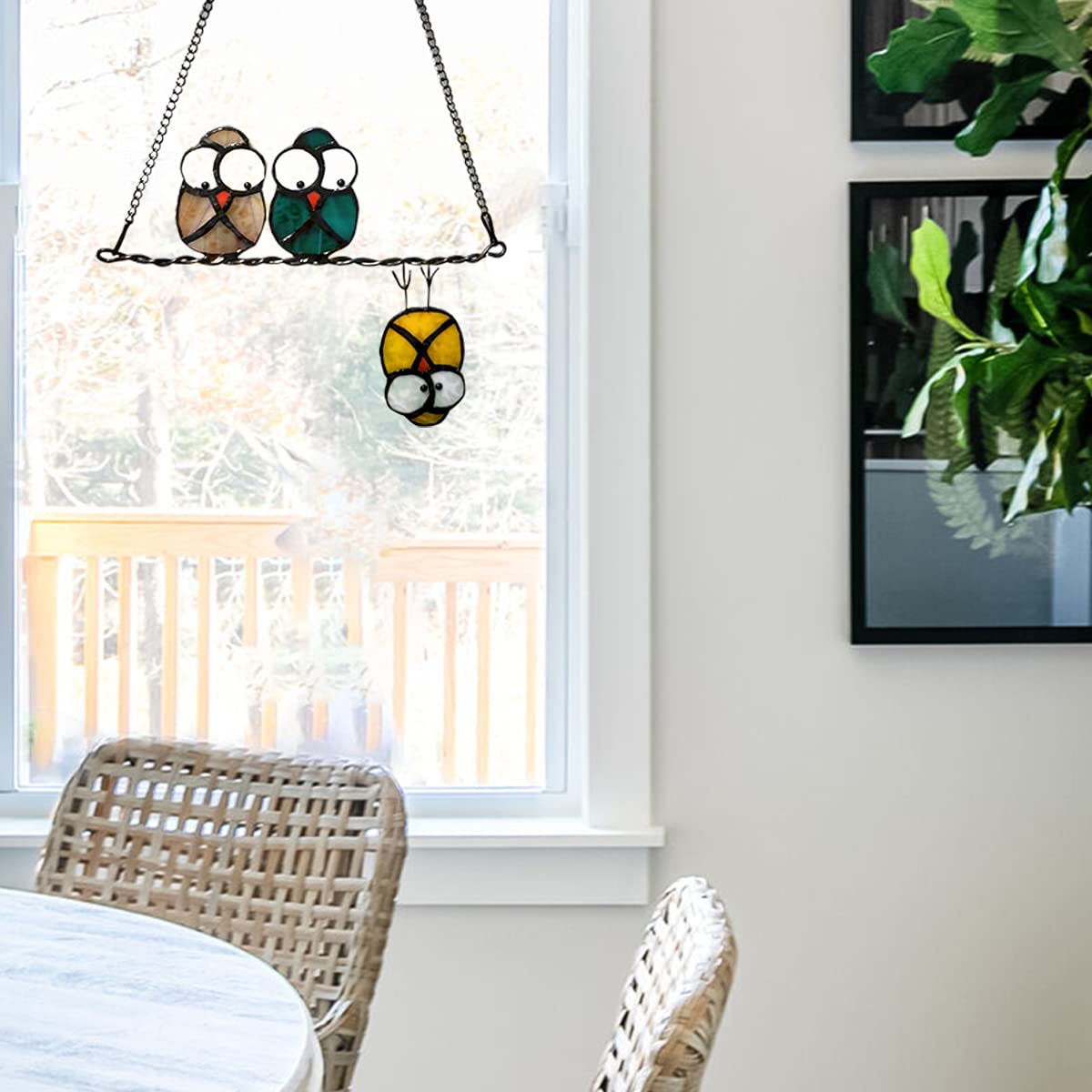 HEDYANER owls on wire window art hung as cheerful indoor decor.