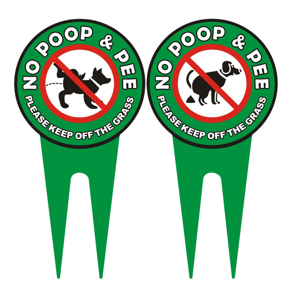 Hefuner dog poop sign on yard, doubles-sided to deter pets and protect grass.
