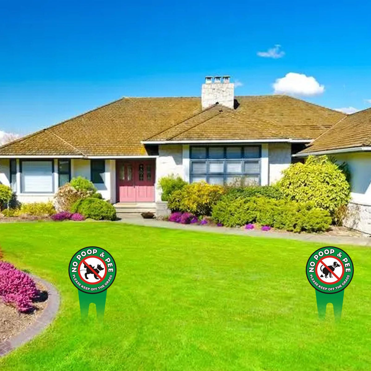 Hefuner yard-protection sign preserves flower beds and plant health.