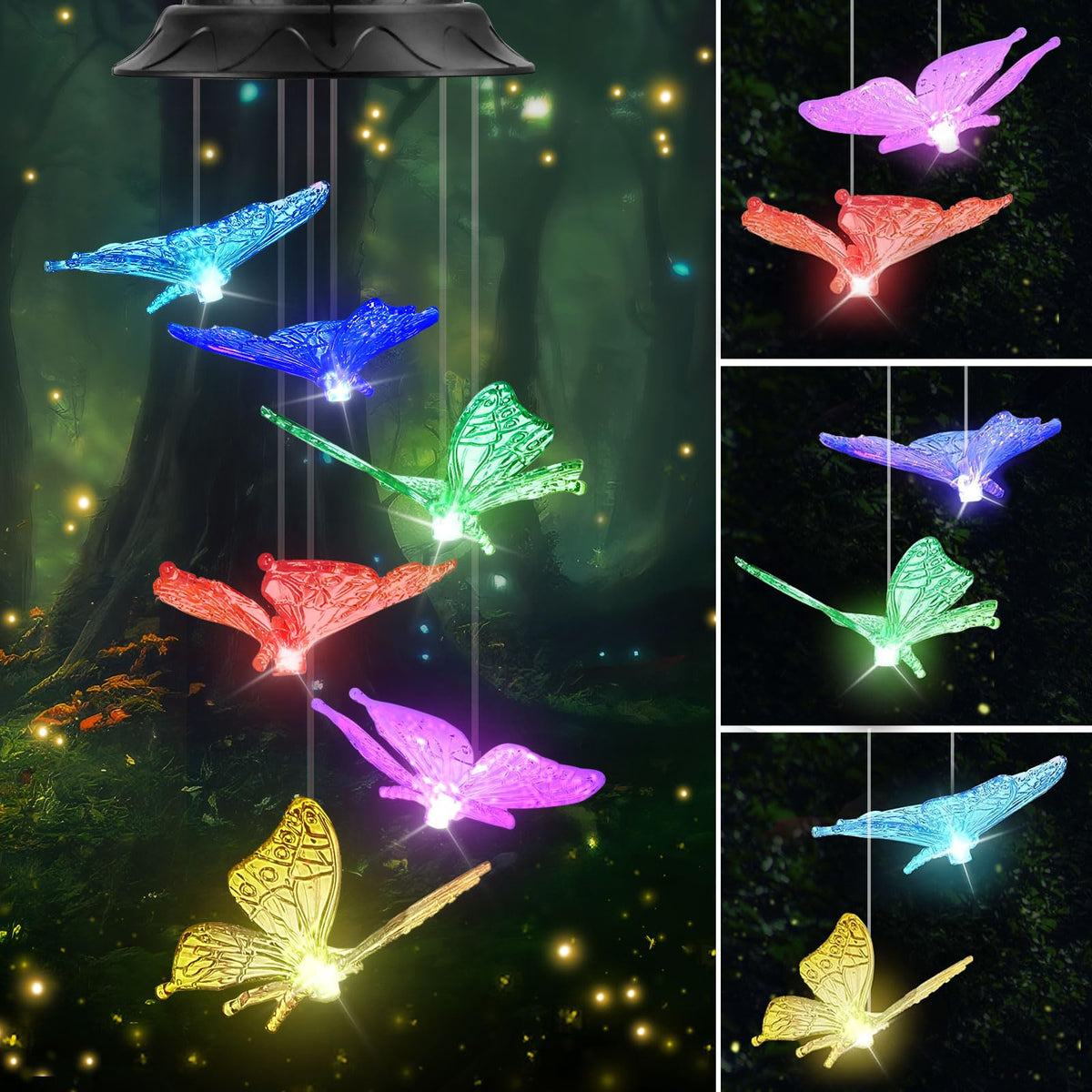 HEGUD butterfly wind chime with solar light adds color to the garden at dusk.