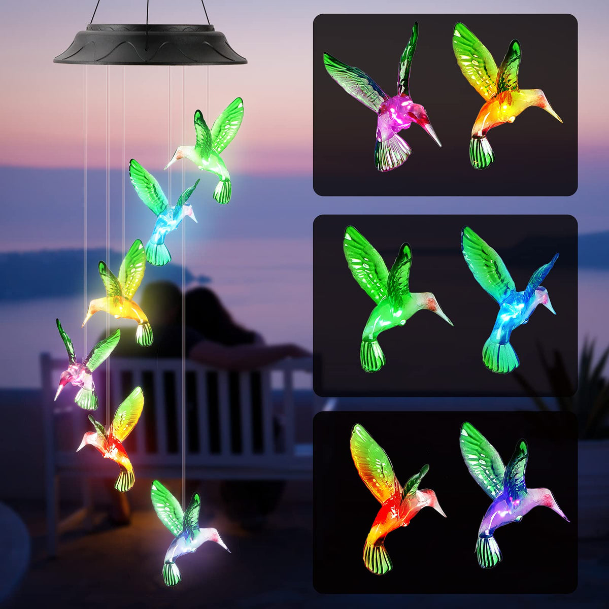 HEGUD hummingbird wind chime closeup reveals decorative craftsmanship.