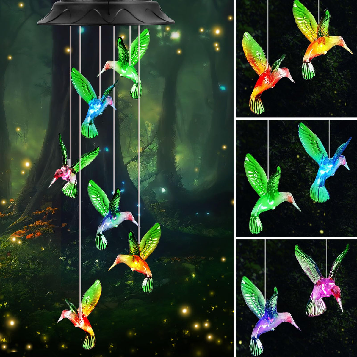 HEGUD hummingbird wind chime glows at night, enhancing outdoor cozy evenings.