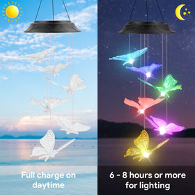 HEGUD solar wind chime glows at night, creating cozy outdoor ambiance.