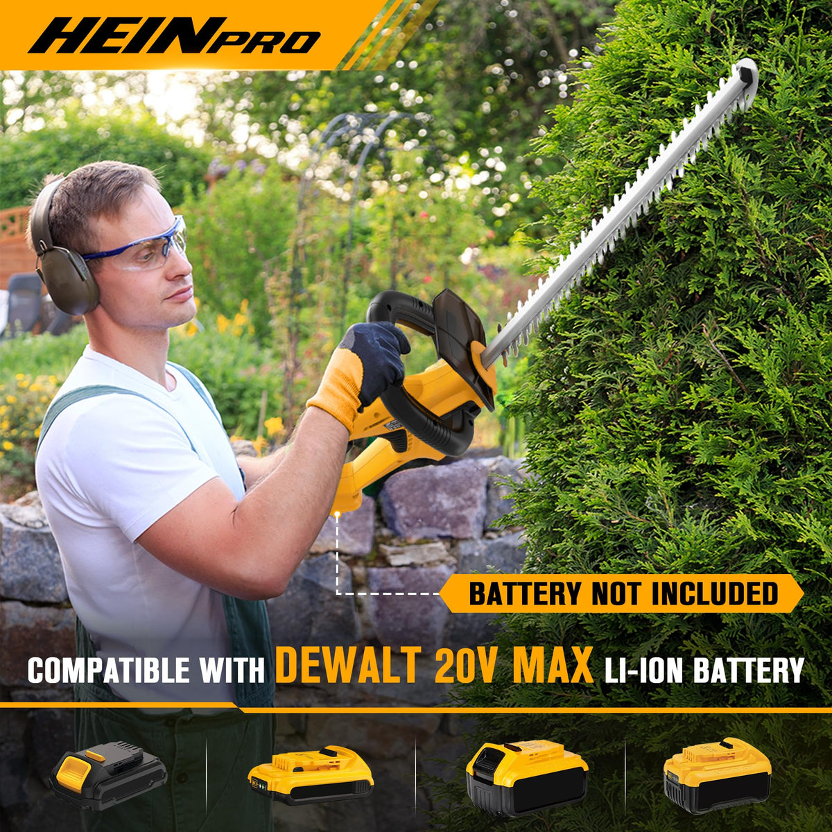 HEINPRO hedge trimmer shows DeWALT 20V MAX battery compatibility