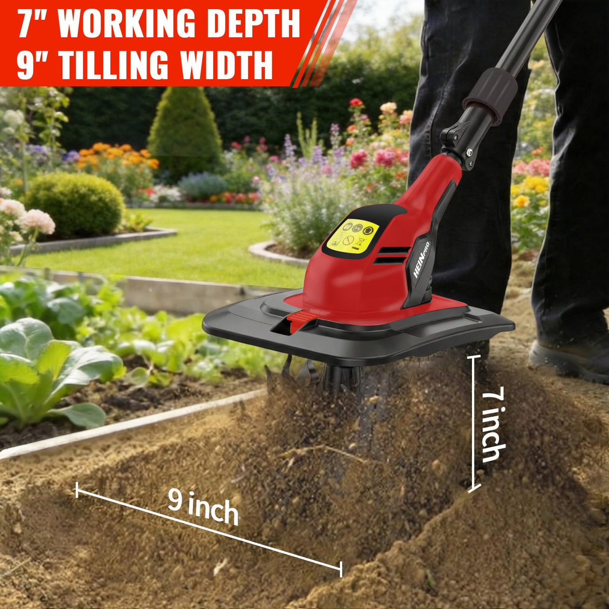 HEINPRO tiller highlights 9-inch width and 7-inch depth cultivation.