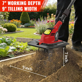 HEINPRO tiller highlights 9-inch width and 7-inch depth cultivation.