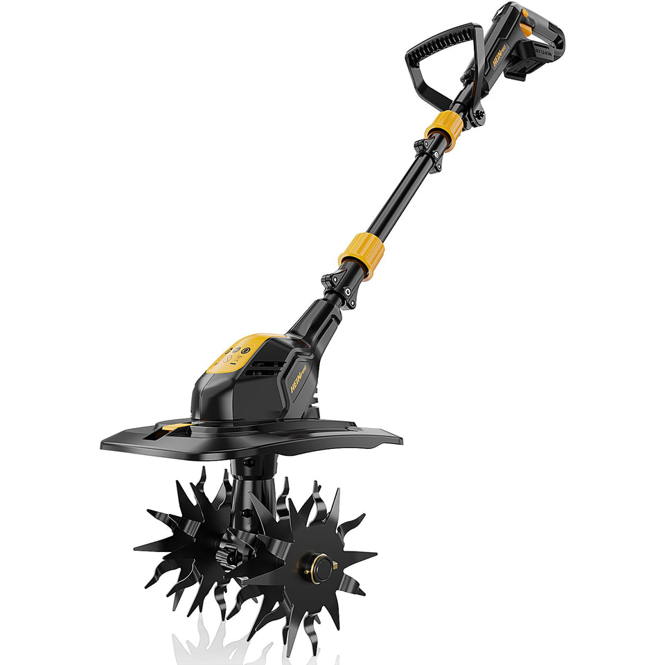 HEINPRO cordless tiller assembly with three-section pole for fast setup
