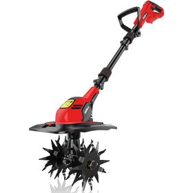 HEINPRO cordless tiller demonstrates Milwaukee M18 battery compatibility for versatile gardening.