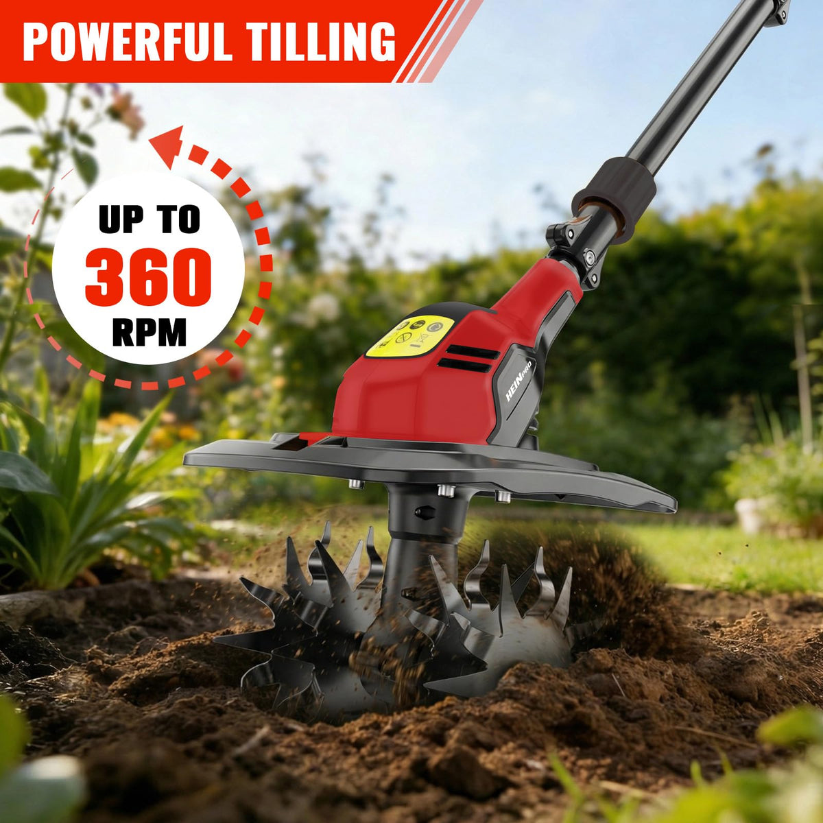 HEINPRO tiller features dual safety switch for secure operation.