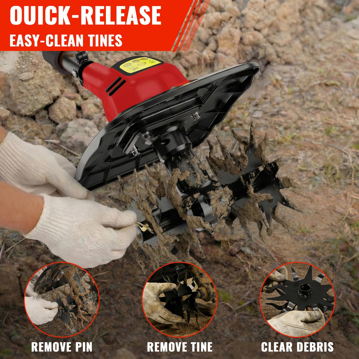 HEINPRO tiller ergonomic soft grip reduces fatigue during use.