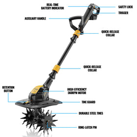 HEINPRO cordless tiller in action, maneuvering through raised beds and flower patches