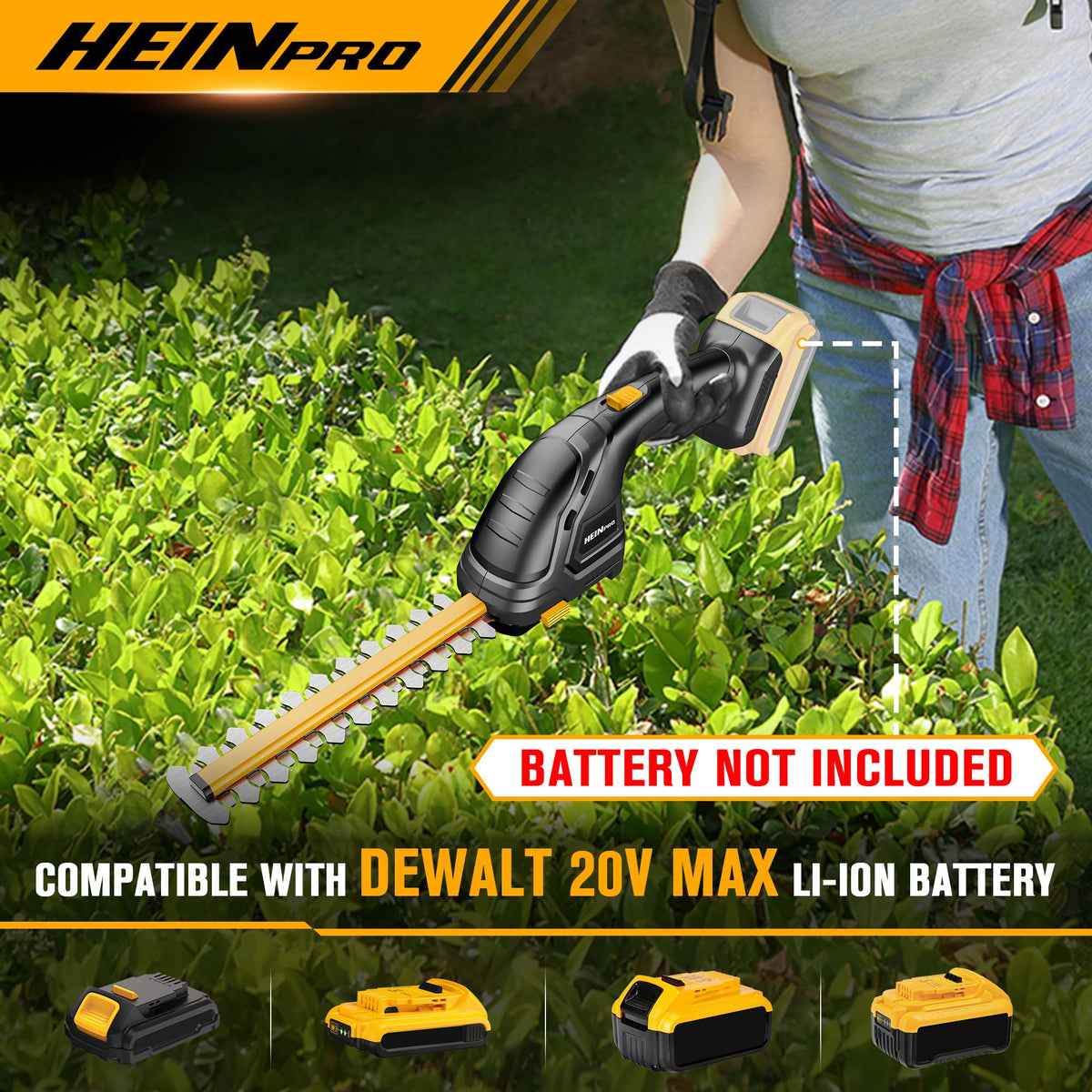 HEINPRO dual-blade system enables hedge trimming and grass edging.
