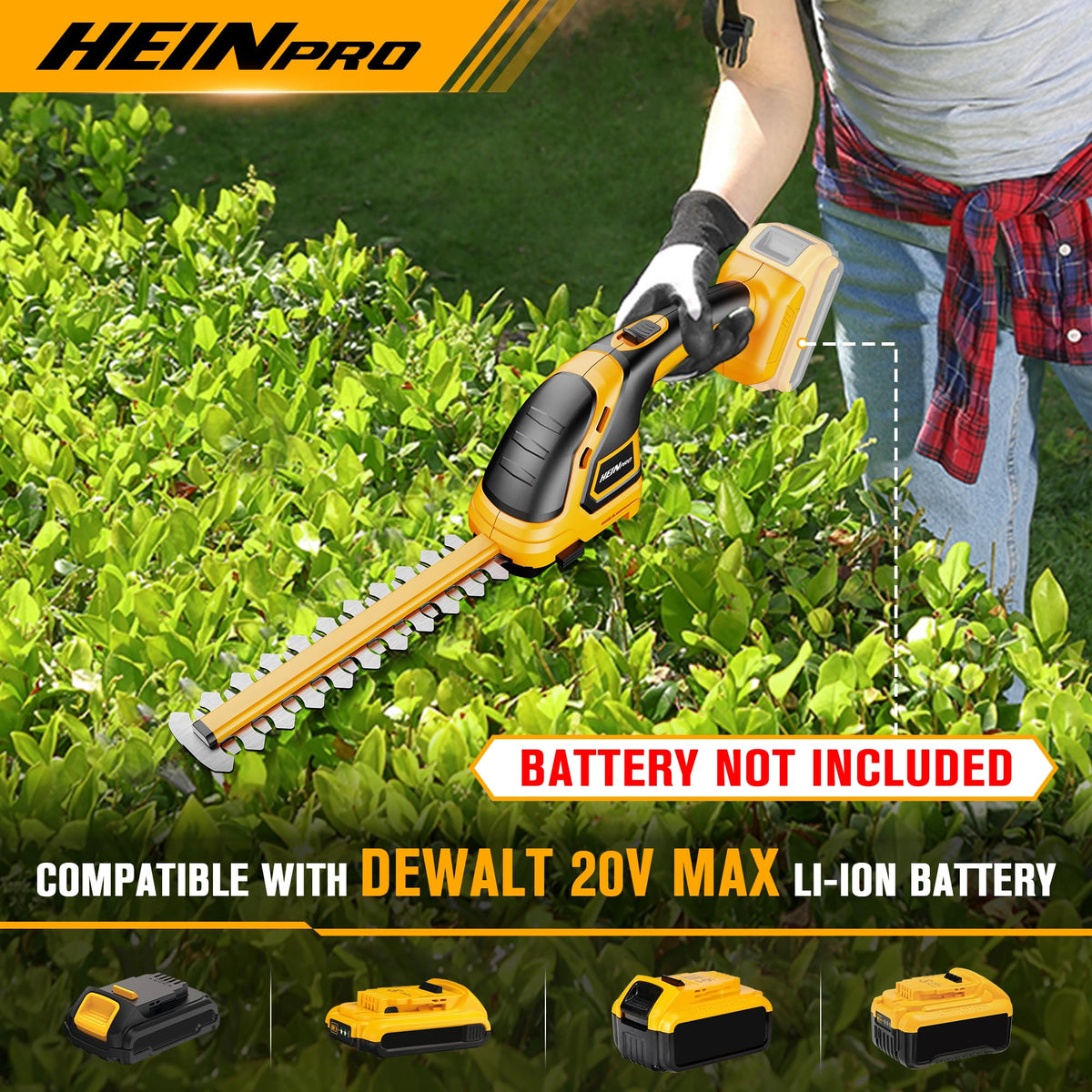 Front view of HEINPRO hedge trimmer showing compact handheld design