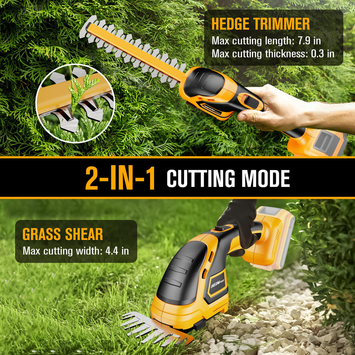 Long aluminum blade on HEINPRO hedge trimmer for safety and stability