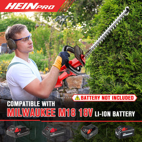 HEINPRO hedge trimmer compatible with Milwaukee M18 battery for flexible power options