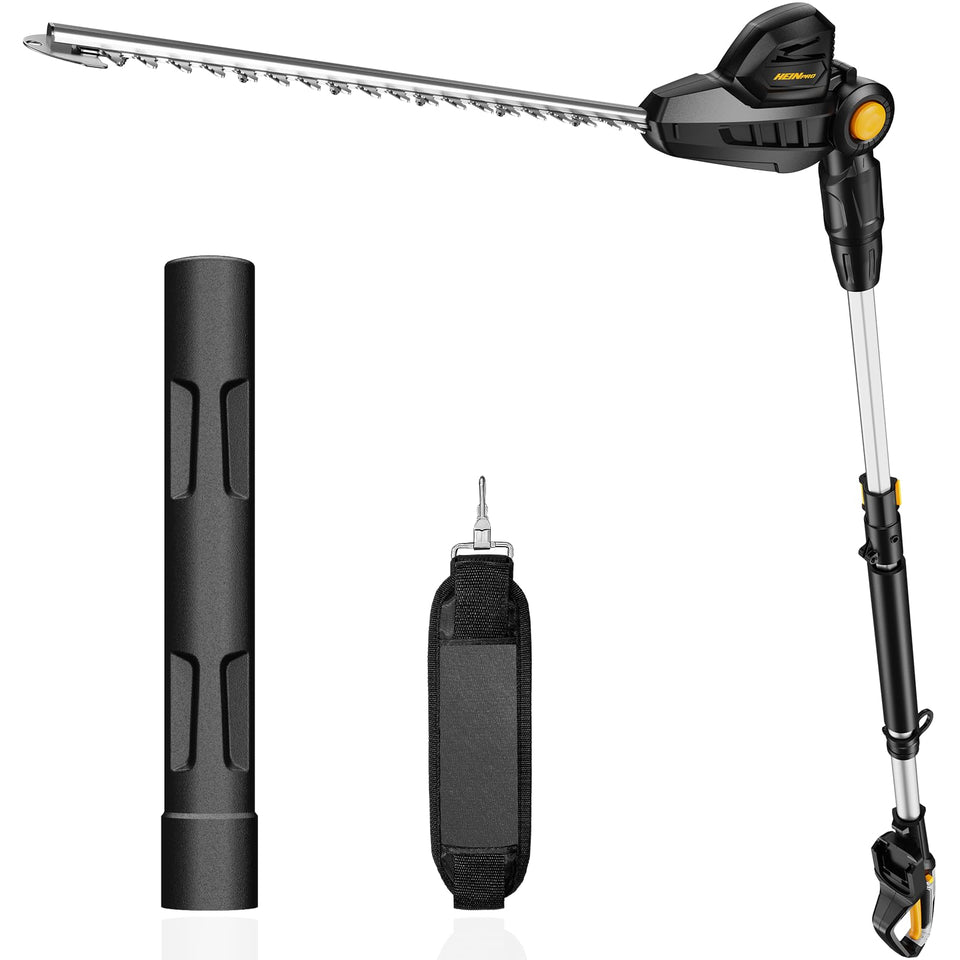 HEINPRO pole hedge trimmer with an 18-inch blade for rapid trimming.