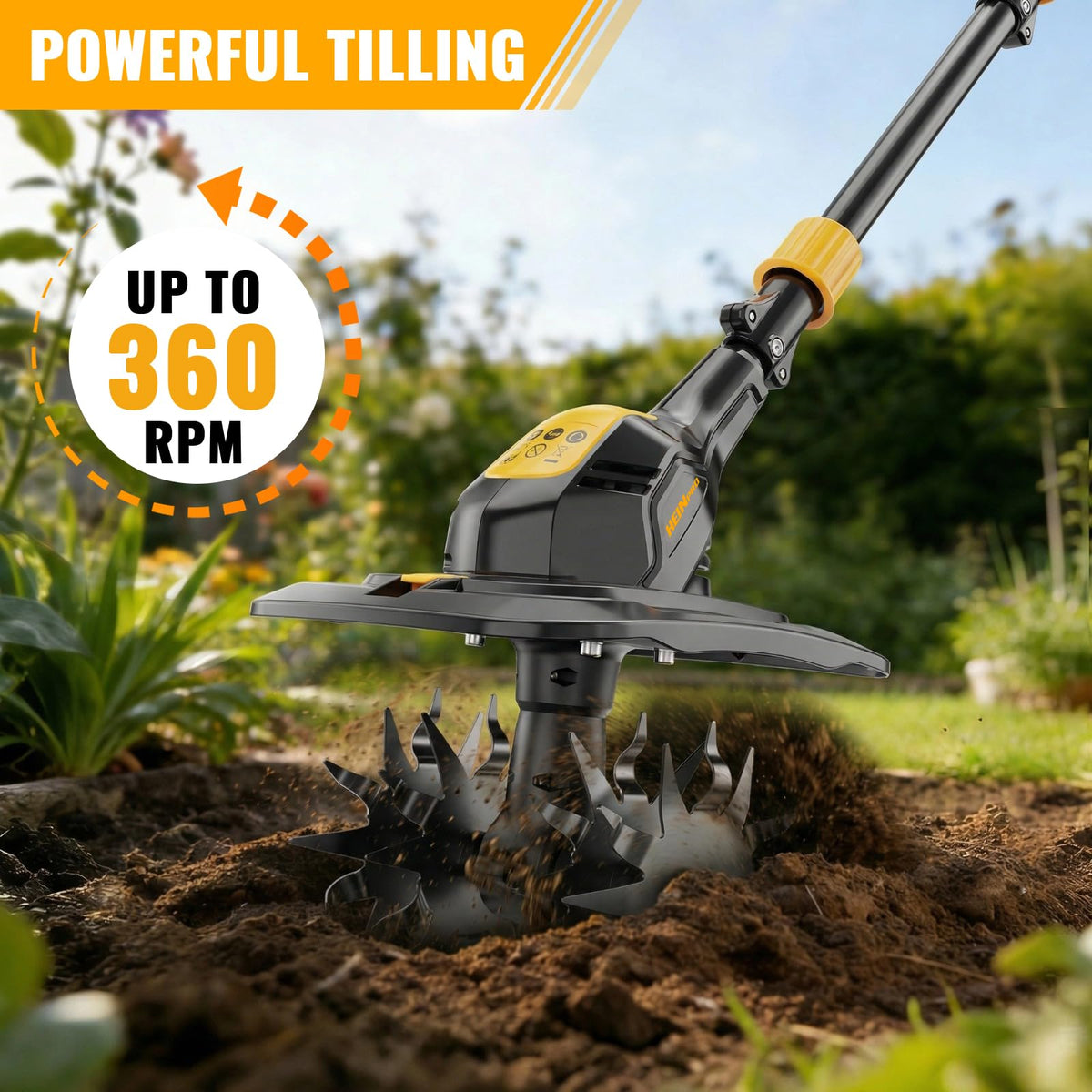 HEINPRO tiller tills 9in wide and 7in deep for quick soil prep in small beds