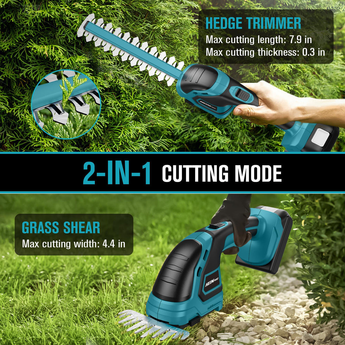 HEINPRO two-in-one design enables hedge trimming and grass cutting