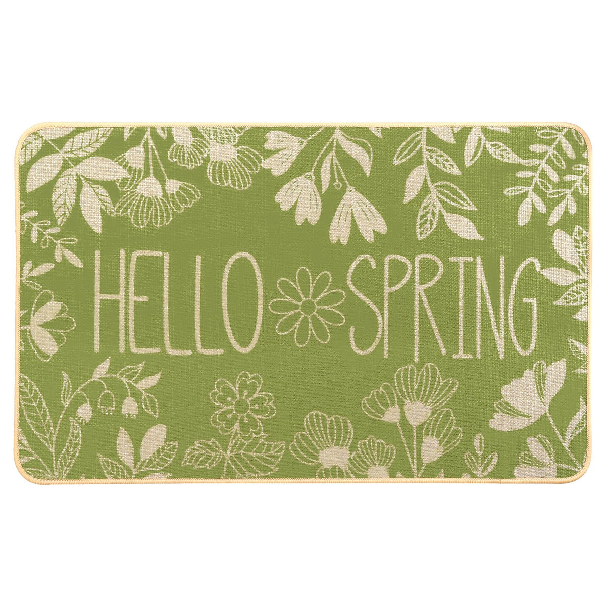 Heirloom Haven Hello Spring door mat front view with botanical pattern welcoming guests