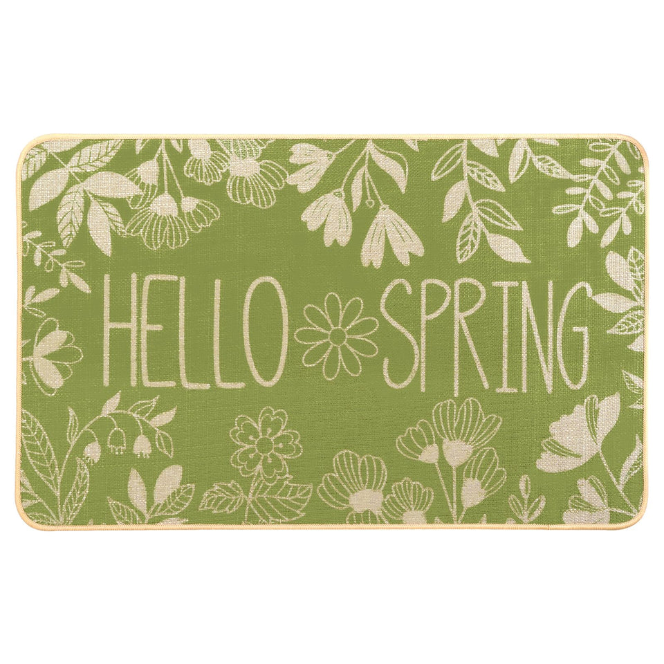 Heirloom Haven Hello Spring door mat front view with botanical pattern welcoming guests
