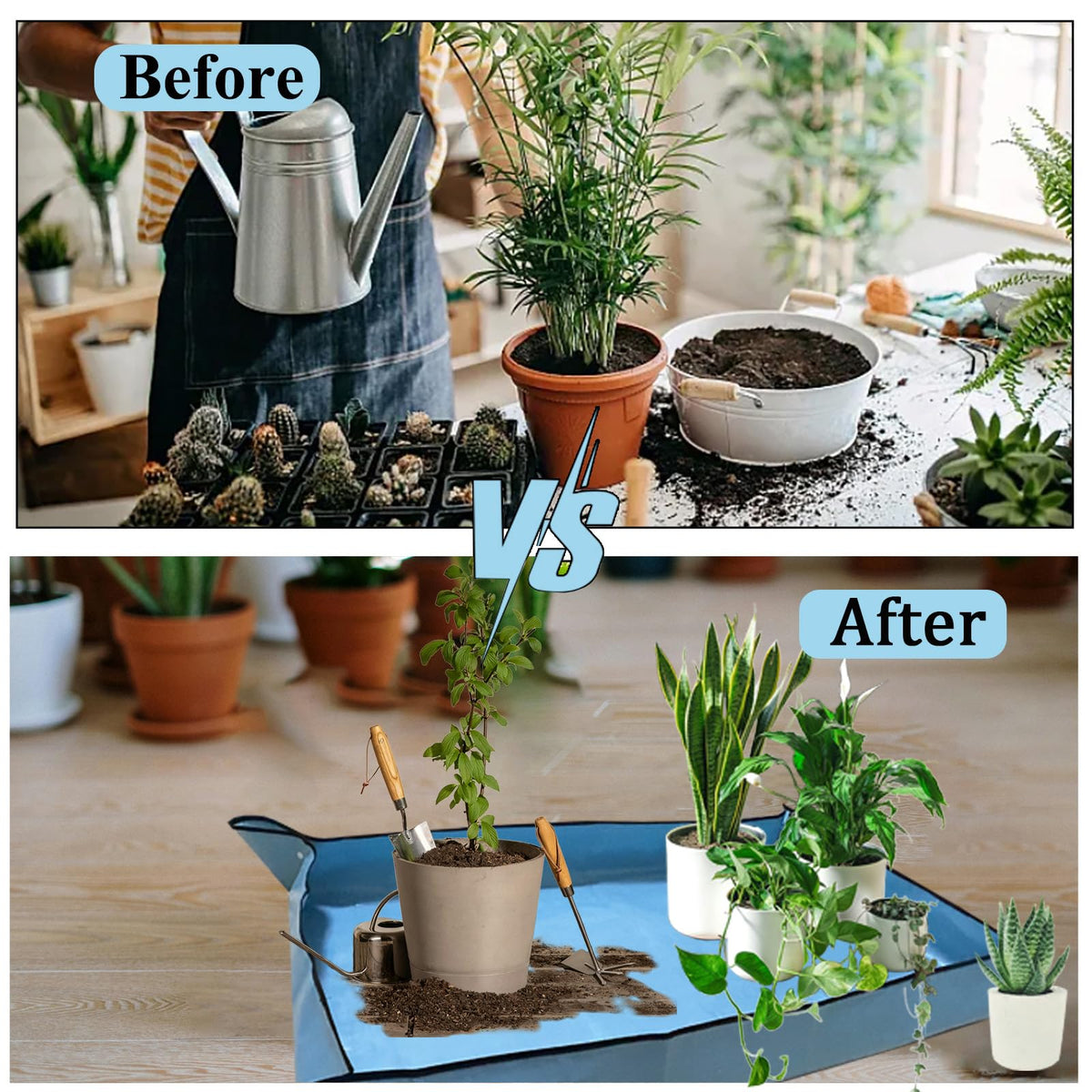 HejVulkan blue repotting mat being cleaned after use