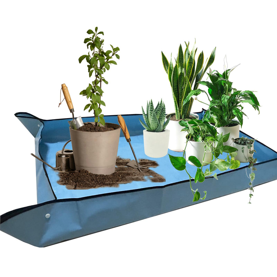 HejVulkan repotting mat laid out blue for large indoor projects and transplanting