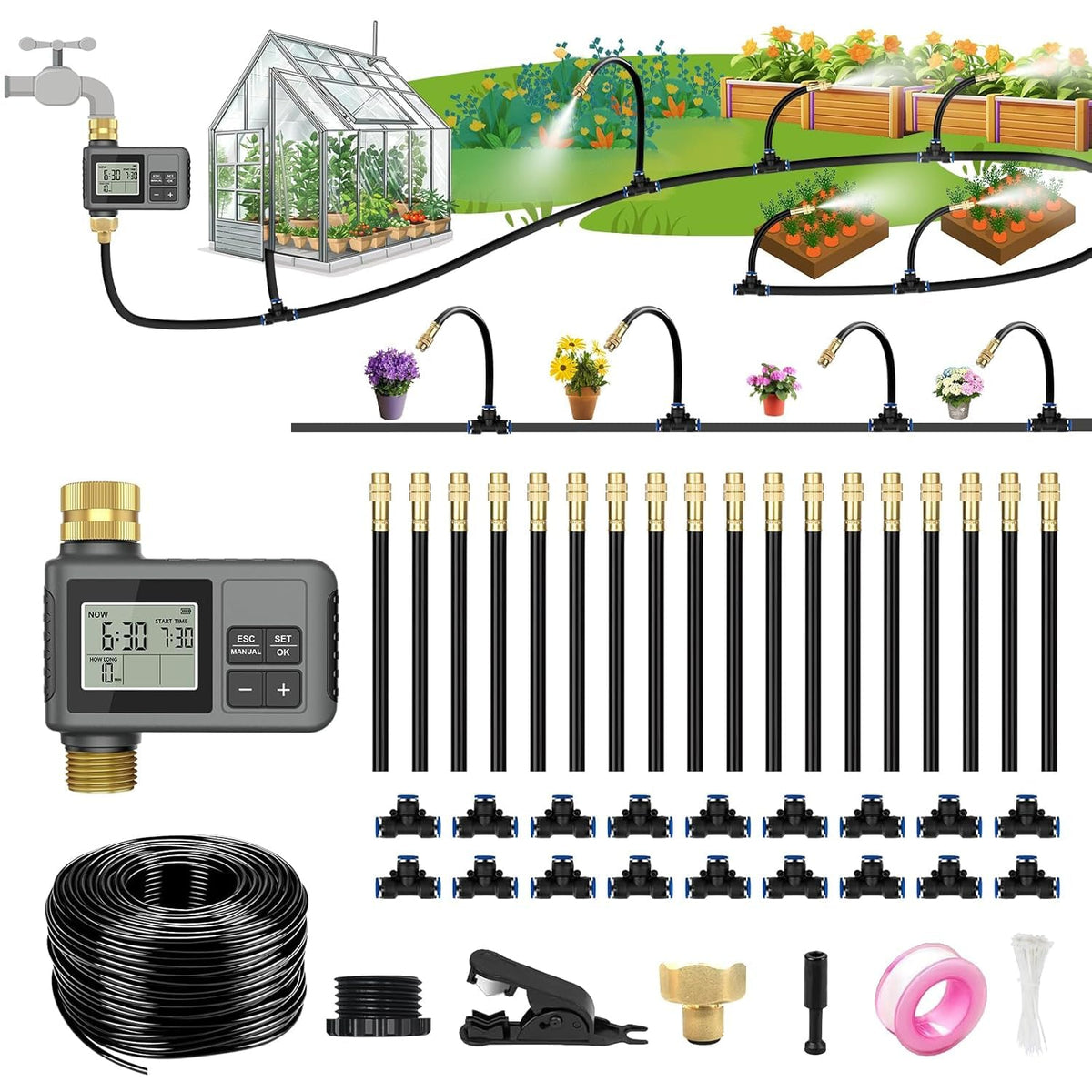 HEKIWAY 60ft drip irrigation kit with timer for hands-free watering