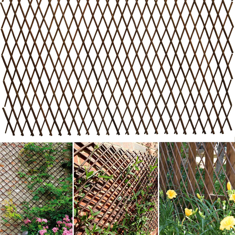 Helprise expandable willow lattice fence panel fully expanded for privacy and plant support.