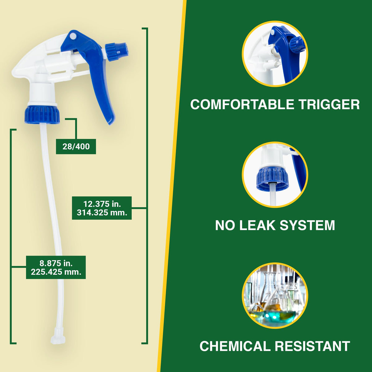 Heluva Green adjustable nozzle demonstrates off, stream, and fine-mist settings.