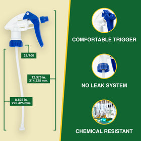 Heluva Green adjustable nozzle demonstrates off, stream, and fine-mist settings.
