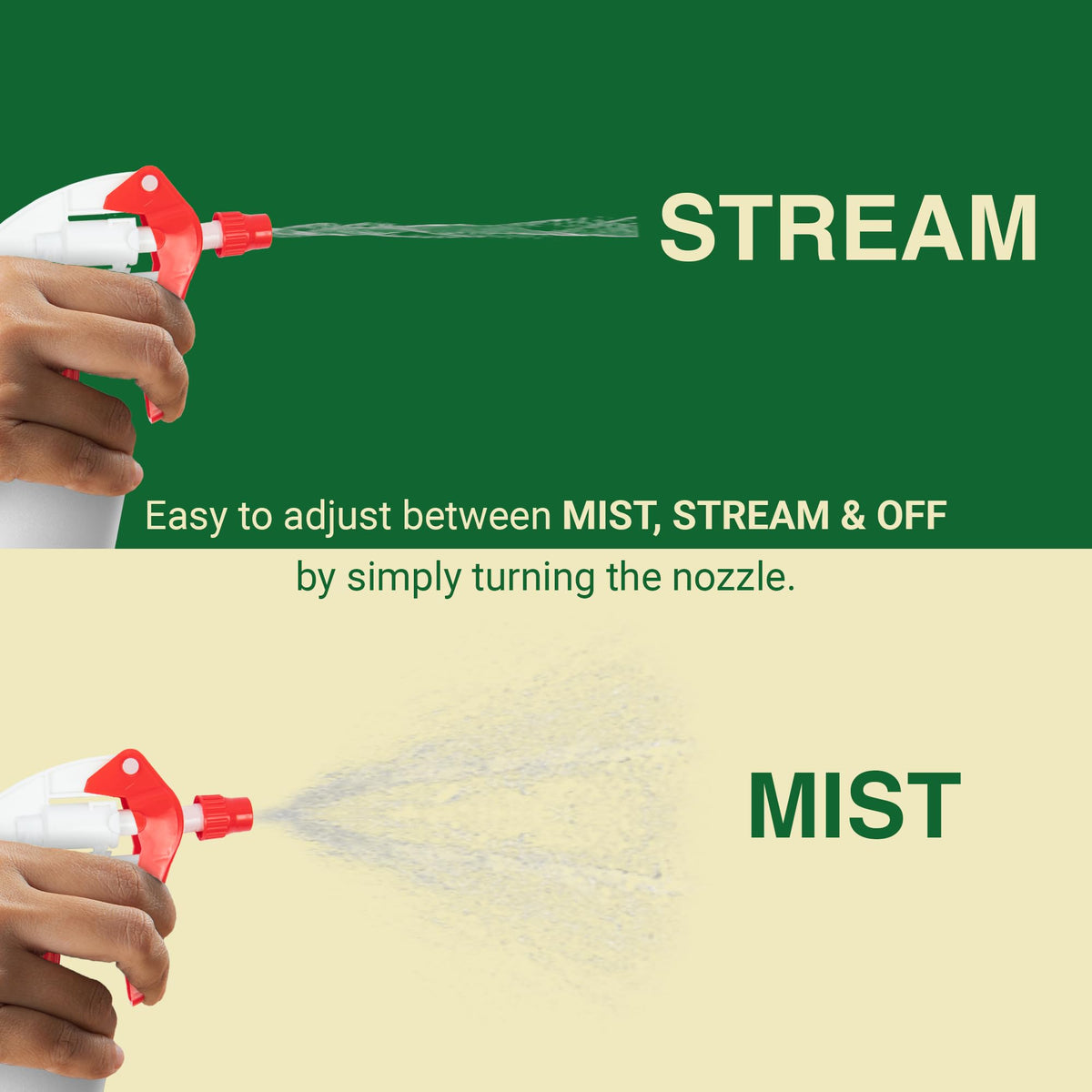 Heluva Green adjustable sprayer nozzle for precise stream or spray control.