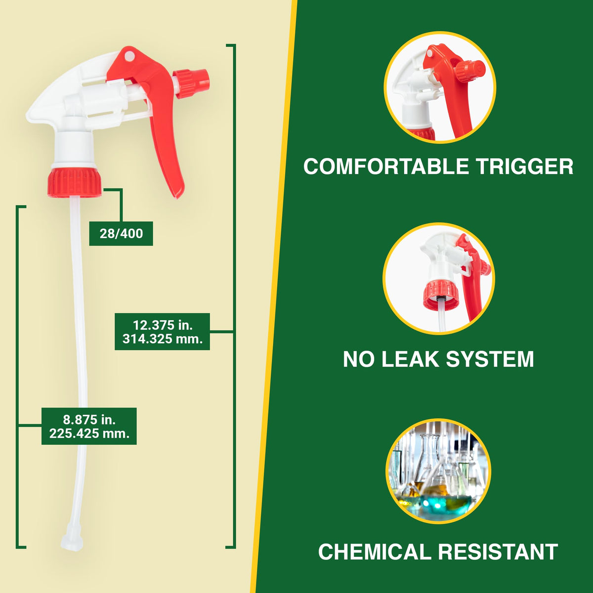 Heluva Green ergonomic 3-finger grip reduces fatigue while spraying.