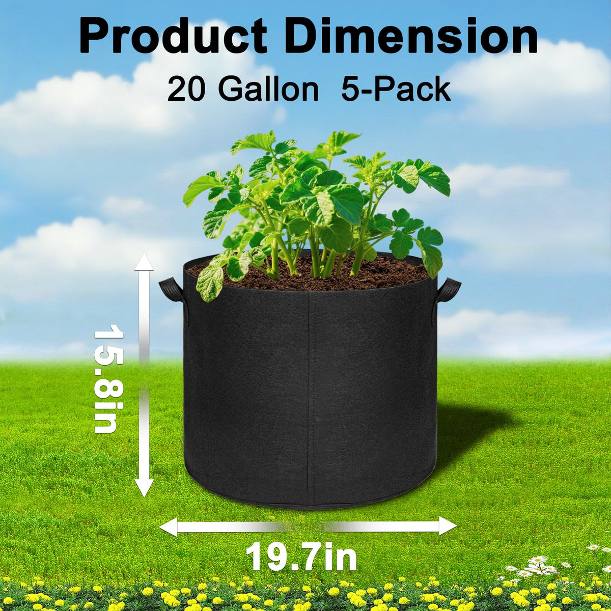 Hemikaki 20gal grow bag side view shows capacity for outdoor planting.