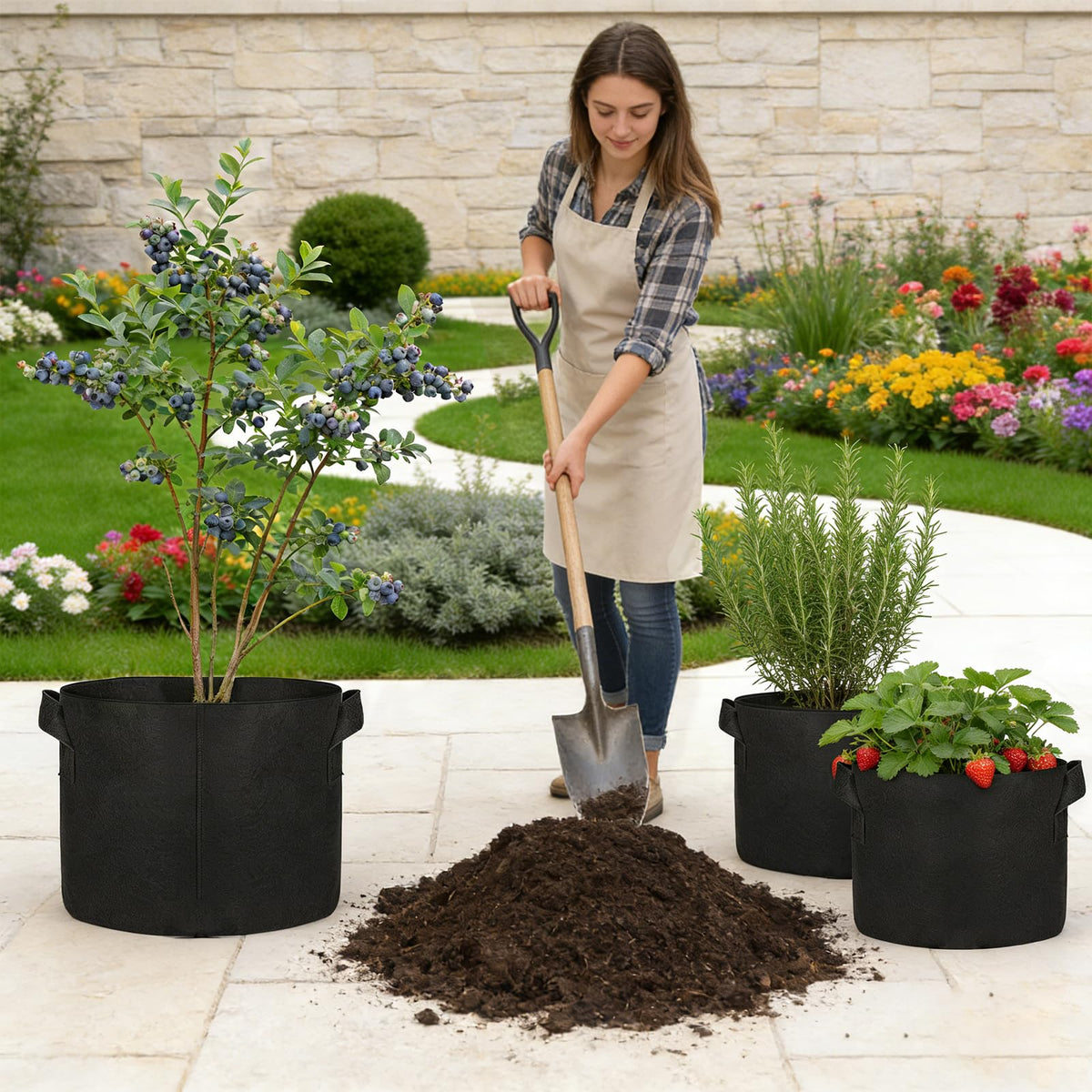 Hemikaki grow bags with flowers and veggies illustrate versatile container gardening.