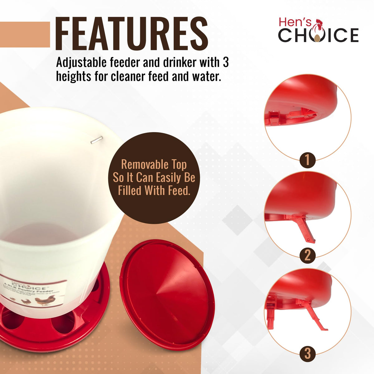 Adjustable legs on the Hen's Choice feeder and drinker support chicks of different ages easily.