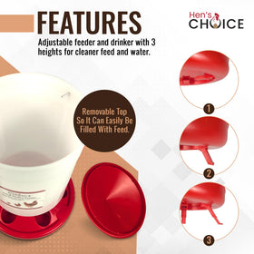 Adjustable legs on the Hen's Choice feeder and drinker support chicks of different ages easily.