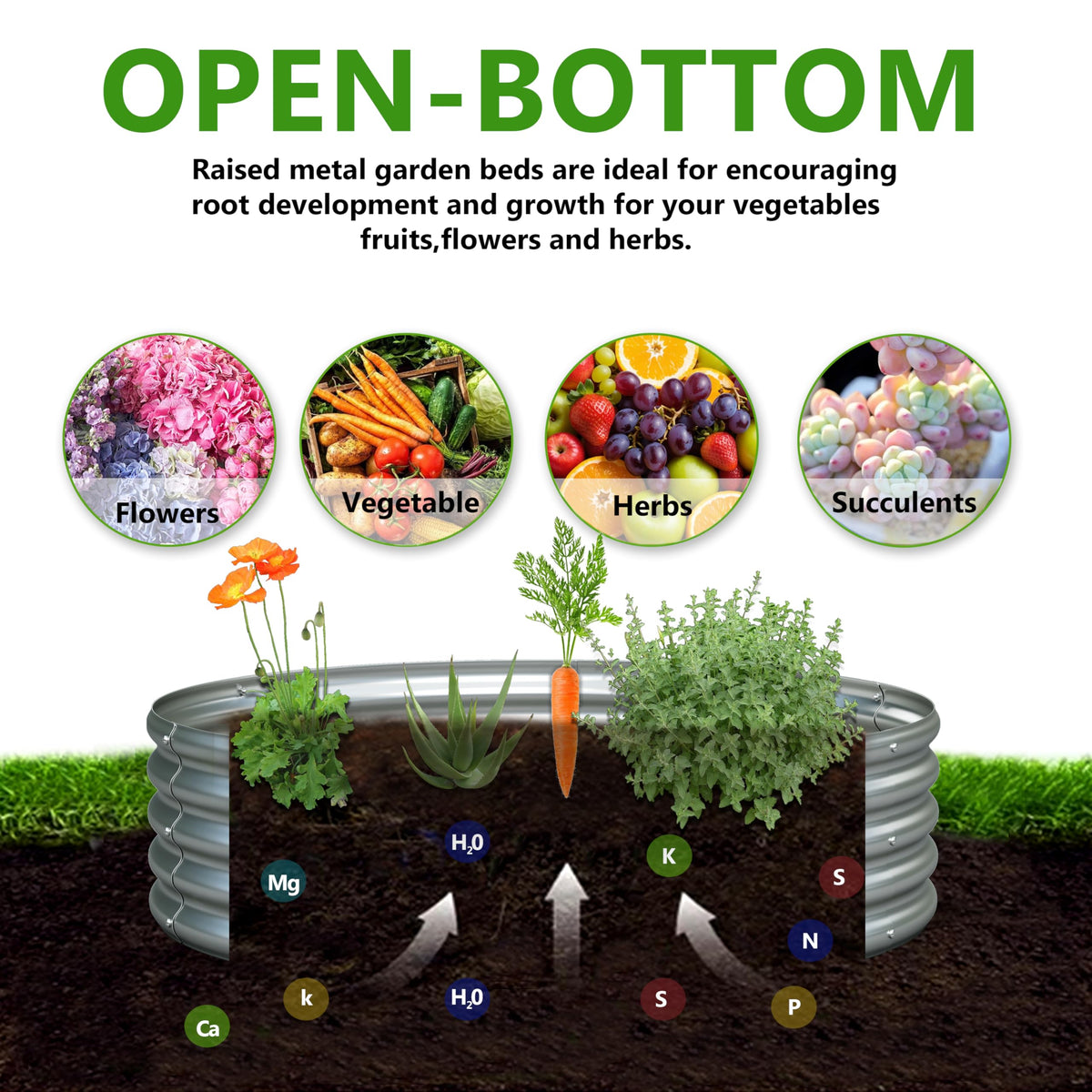 Henshwon open-bottom garden bed promotes drainage and healthy root growth.