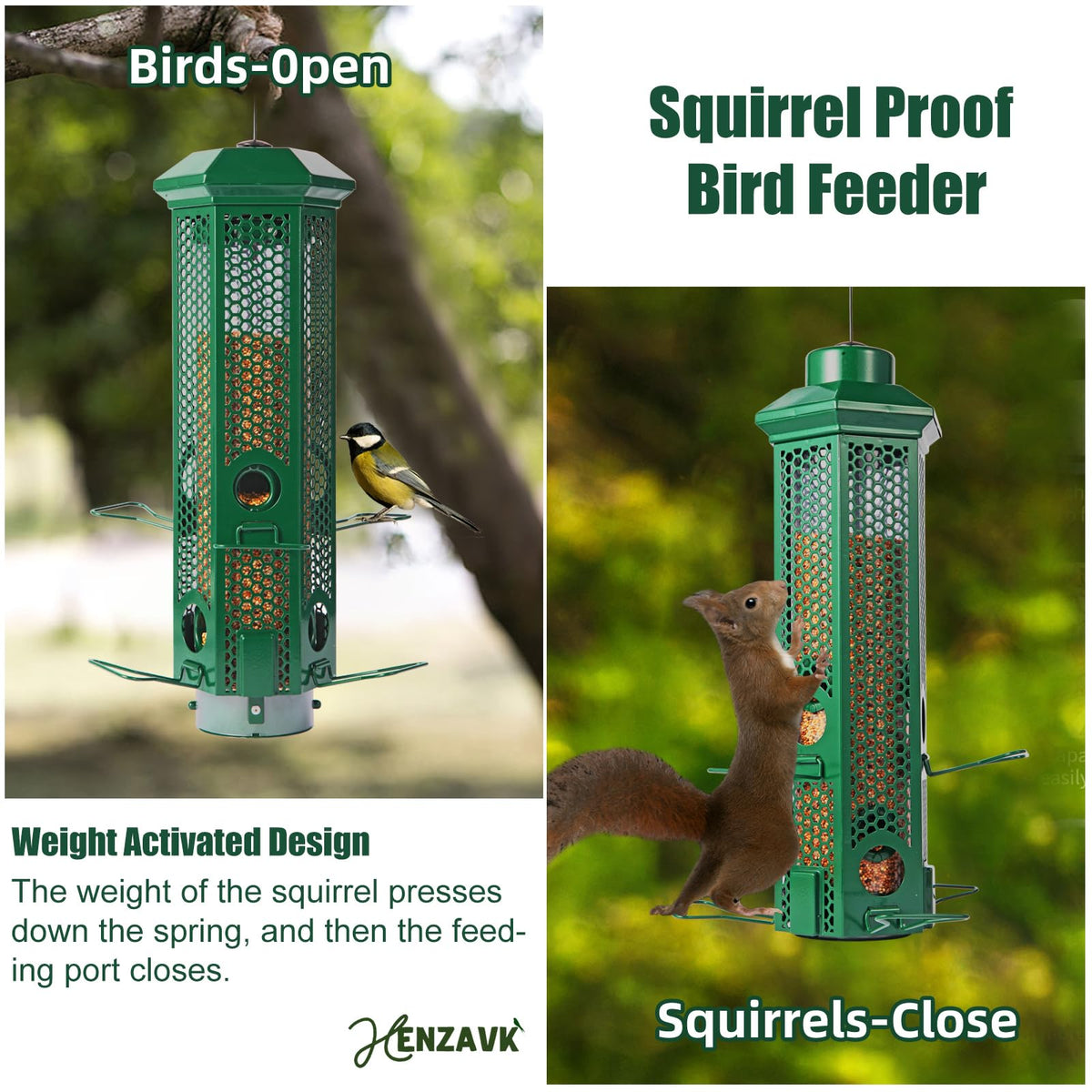 Henzavk outdoor hanging feeder in green blends with garden while resisting weather