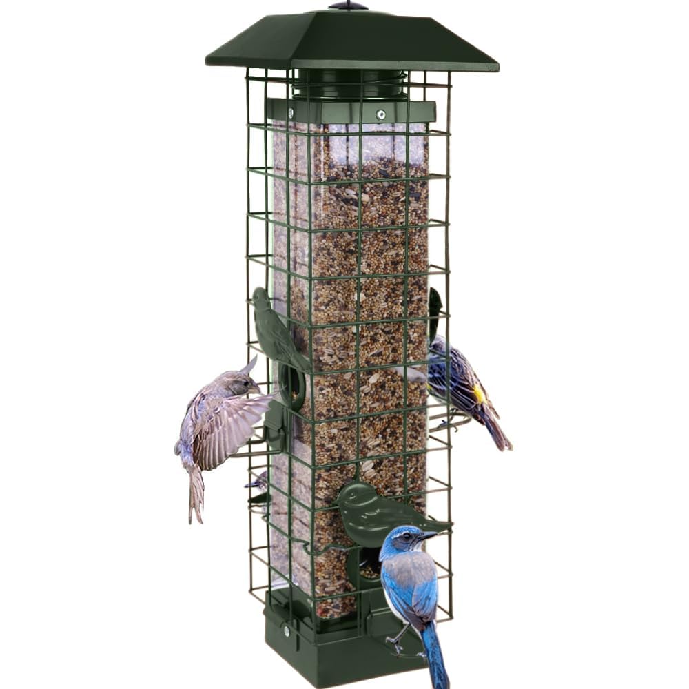 Henzavk squirrel-proof feeder front view with durable metal frame for outdoor use.