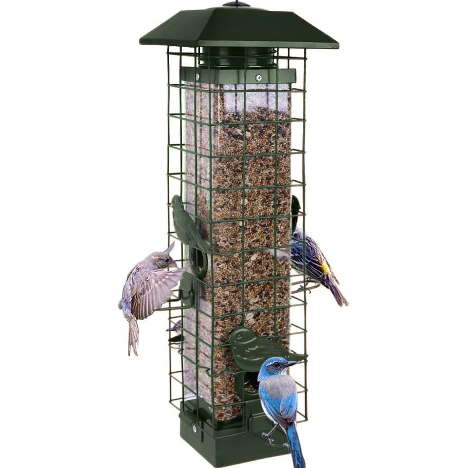 Henzavk squirrel-proof feeder front view with durable metal frame for outdoor use.